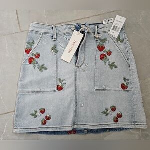 Denim Skirt with Strawberry Embroidery